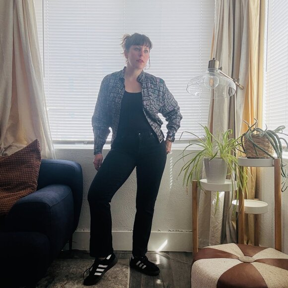 Price FIRM Vintage 80s 90s Grey Abstract Print Button Down Blouse Jacket | S/M - Picture 16 of 16